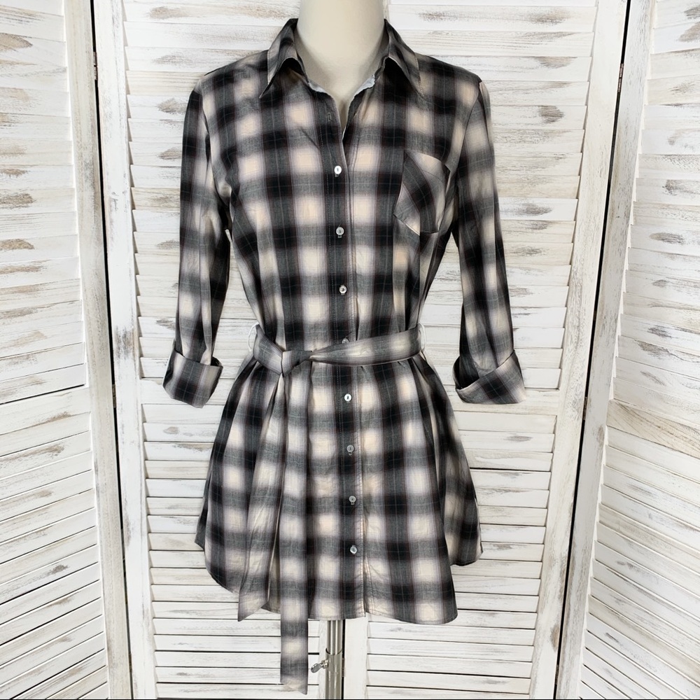 Splendid | Waist Tie Plaid Button Up Tunic